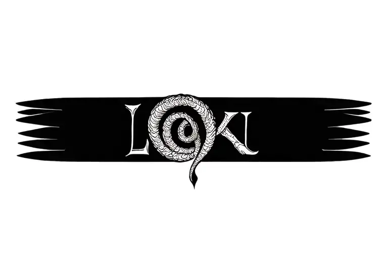 "Minimalist Norse wrist tattoo, 'Loki' in Elder Futhark runes (ᛚᛟᚲᛁ), tiny serpent coiled around letters, black ink, fin tattoo design idea