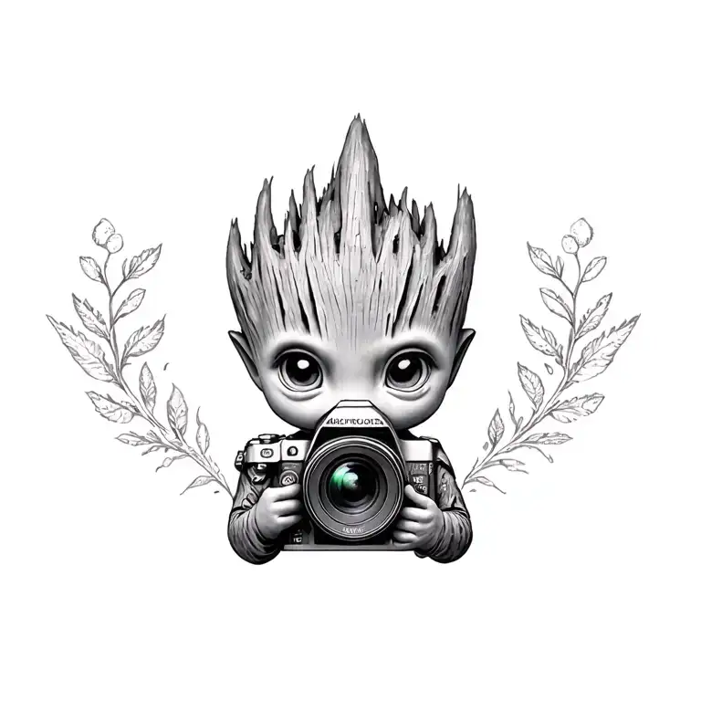 baby groot and camera tattoo design idea