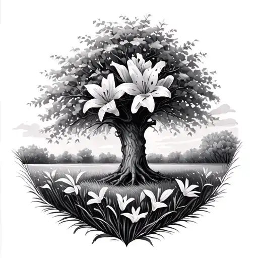 Willow tree with lily flower and a meadow tattoo design idea