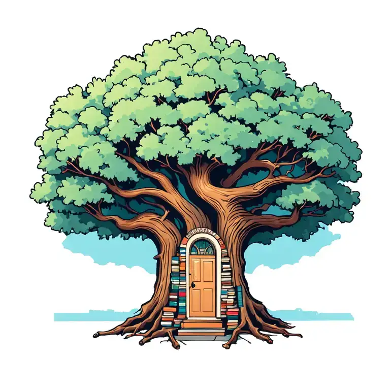 a giant tree with a door at its feet and the trunk composed of books like a library. tattoo design idea