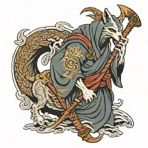 wolf sword reaper holding a scythe with tattoo design idea