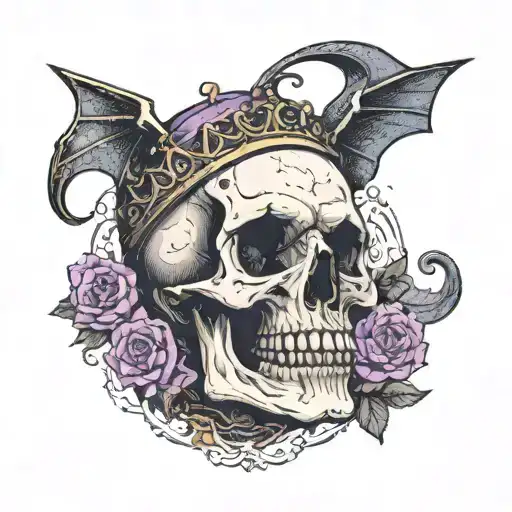 partially cracked skull, emperor tarot card in an irregular shape, veins, violet, death tattoo design idea