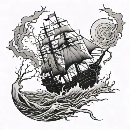 A hauntingly beautiful image of a ghostly shipwreck on a stormy ocean, surrounded by eerie thorn trees tattoo design idea