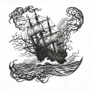 A hauntingly beautiful image of a ghostly shipwreck on a stormy ocean, surrounded by eerie thorn trees tattoo design idea