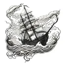 A hauntingly beautiful image of a ghostly shipwreck on a stormy ocean, surrounded by eerie thorn trees tattoo design idea