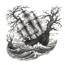 A hauntingly beautiful image of a ghostly shipwreck on a stormy ocean, surrounded by eerie thorn trees tattoo design idea
