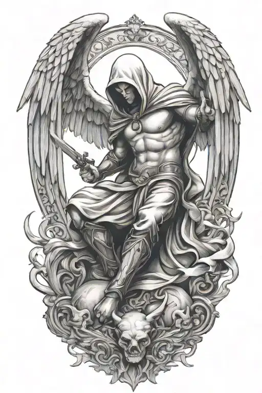 hooded arch angel defeating a demon tattoo design idea