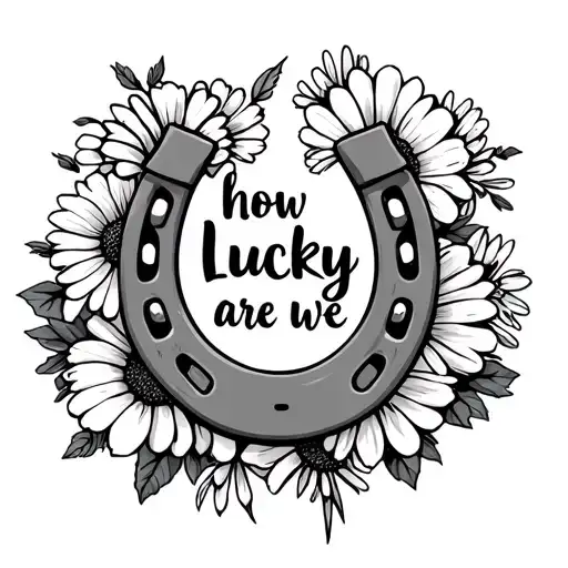 small Horseshoe, marigolds and cosmos flower bouquet, "how lucky are we " tattoo design idea