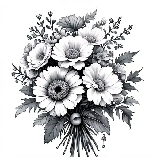 bouquet with the flowers carnations, larkspur, gladiolus, chrysanthemum, daffodil, holly tattoo design idea