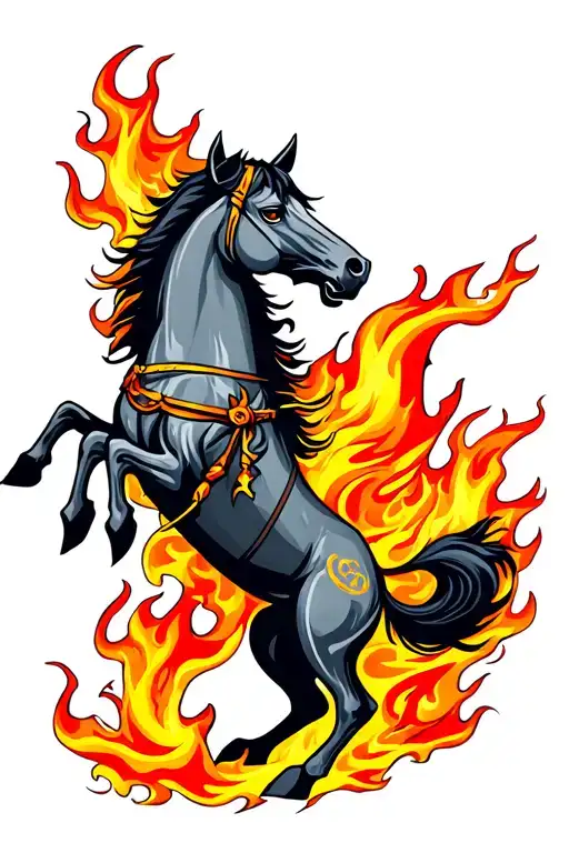 flames background with fenrir battling Viking horse tattoo design idea
