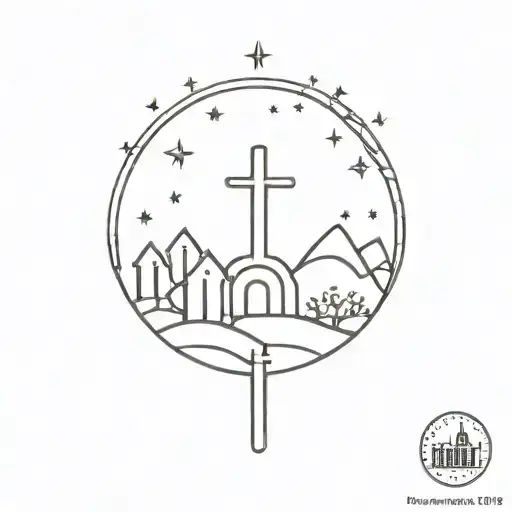 fine-line with a cross on a hill, rays for Em el Nour, a small church, lines for the Martyrs' Monument, and stars tattoo design idea