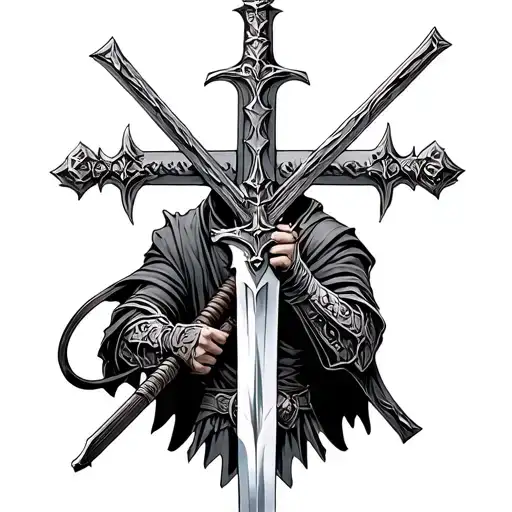 Crusade warrior weilding sword with cross in backround tattoo design idea