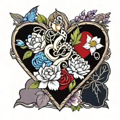 heart surrounded by colorful flowers growing together wisteria and lotus and blue rose tattoo design idea