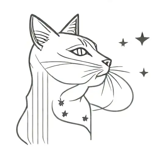 cat with black fur, angel wings, white chest, grey stripes, half moon, stars tattoo design idea