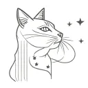 cat with black fur, angel wings, white chest, grey stripes, half moon, stars tattoo design idea