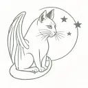 cat with black fur, angel wings, white chest, grey stripes, half moon, stars tattoo design idea