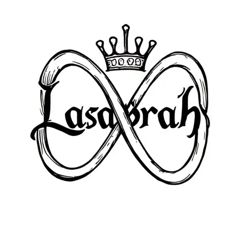 "Lasabrah " "Lasabrah " infinity symbol intertwined withinthe name written with crown on top  tattoo design idea