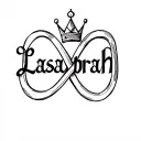 "Lasabrah " "Lasabrah " infinity symbol intertwined withinthe name written with crown on top  tattoo design idea