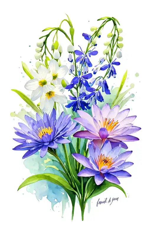 Asters, narcissis, lily of the valley, larkspur, and waterlily tattoo design idea
