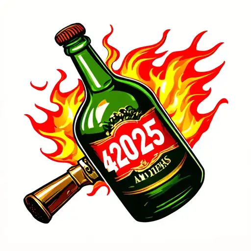 flaming Molotov cocktail bottle with numbers 42025 tattoo design idea