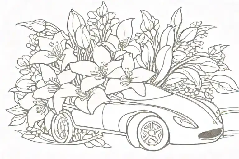 F1 car line drawing with lilies of the valley and roses tattoo design idea