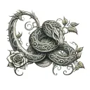 vines and roses with a viper snake intertwined with the vines wrapped around  the arm to the middle finger tattoo design idea