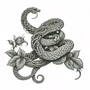vines and roses with a viper snake intertwined with the vines wrapped around  the arm to the middle finger tattoo design idea