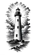 lighthouse standing tall shining light through a storm tattoo design idea