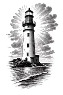 lighthouse standing tall shining light through a storm tattoo design idea