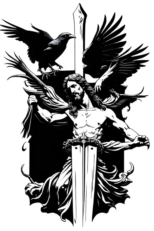 jesus on a sword with crows perched and flying with claws no background tattoo design idea