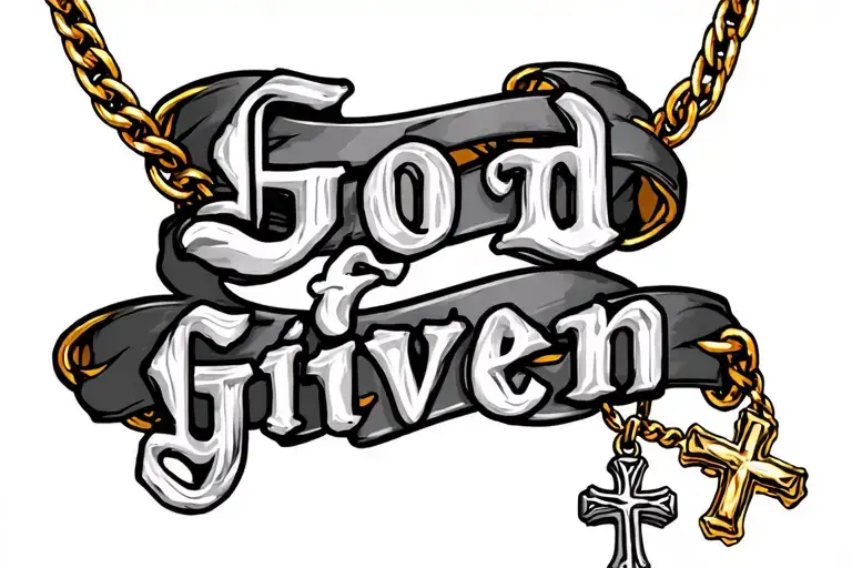 God Given text in with gold necklace with cross and st Anthony pendant wrapped around it  tattoo design idea