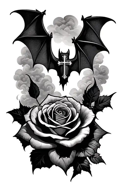 bats, rip big mike, smoky clouds, rose, cross tattoo design idea