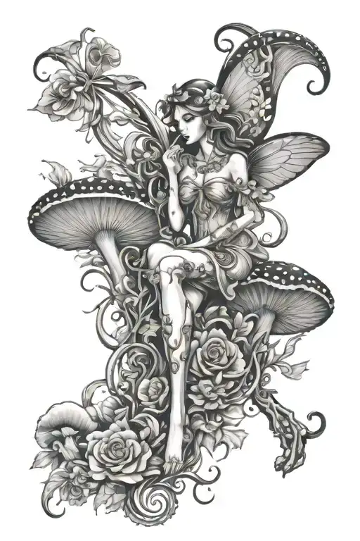 full leg tattoo of mushrooms fairies flowers and vines  tattoo design idea