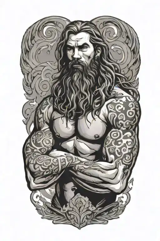 Super muscled man standing in speedo with long hair and beard tattoo design idea