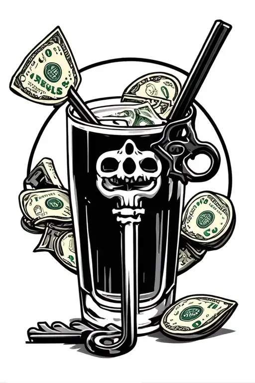 key, money and drinks tattoo design idea