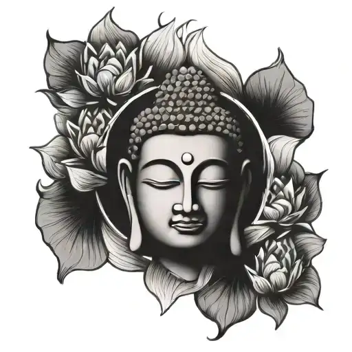 buddha face below lotus surrounded by fishes swimming tattoo design idea