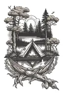 Outdoor, campfire, hiking, hammock forest lake tattoo design idea
