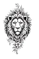 lion head with sampaguita flowers and foliage from Star Wars and Harry Potter wrapping around down in a spiral tattoo design idea