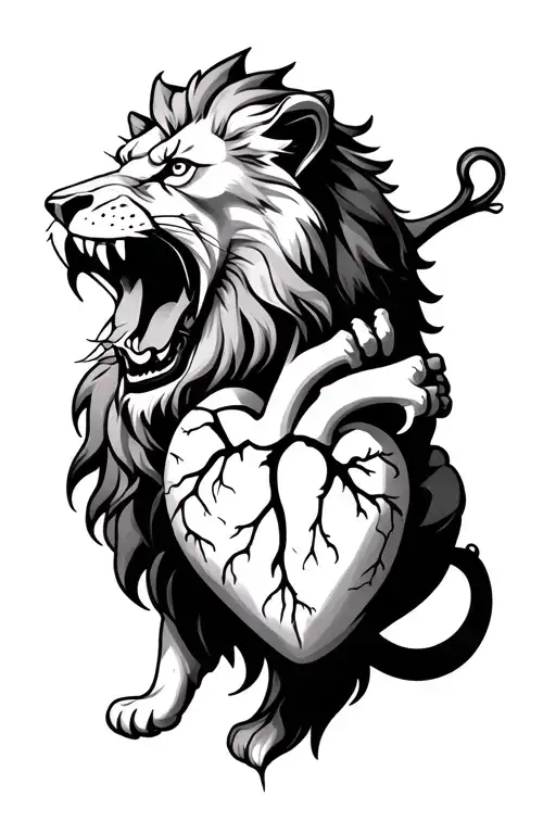 lion biting human heart tattoo design idea