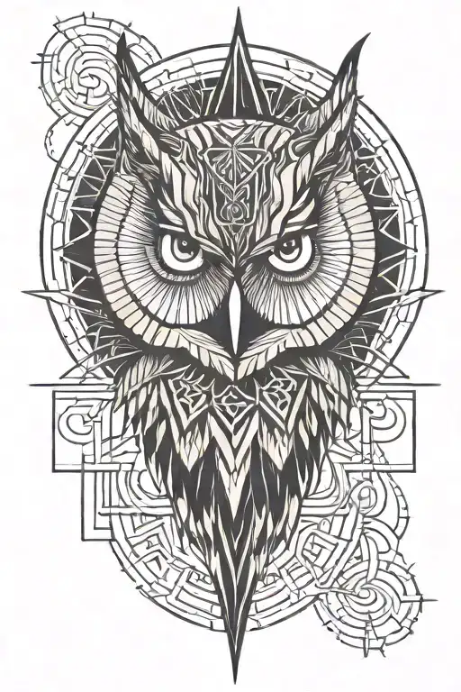 half owl head tattoo with minimalist and clean lines sun rays and lightning in the background tattoo design idea