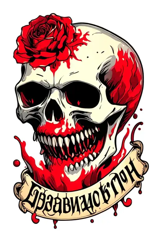 Skull with fangs in the blood smile at a color -colored drawing in the style of Gothic from below The inscription in Russian hi is alive sector is eternal tattoo design idea