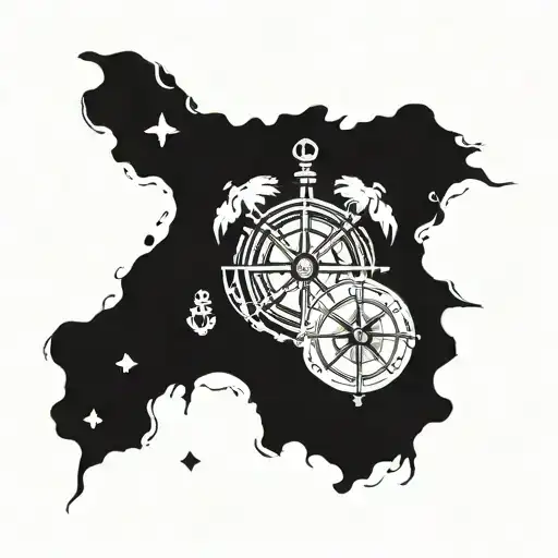 pirates, treasure map, compass and jolly roger  tattoo design idea