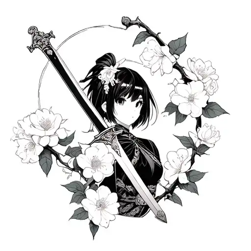 Tsubaki from soul eater in enchanted sword mode surrounded by a vine of camellia blossoms tattoo design idea