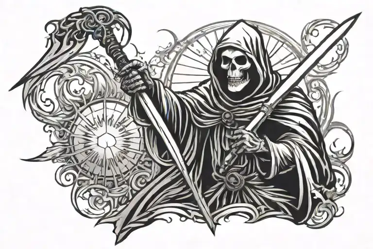 sun beaming down onto grim reaper holding a sword tattoo design idea