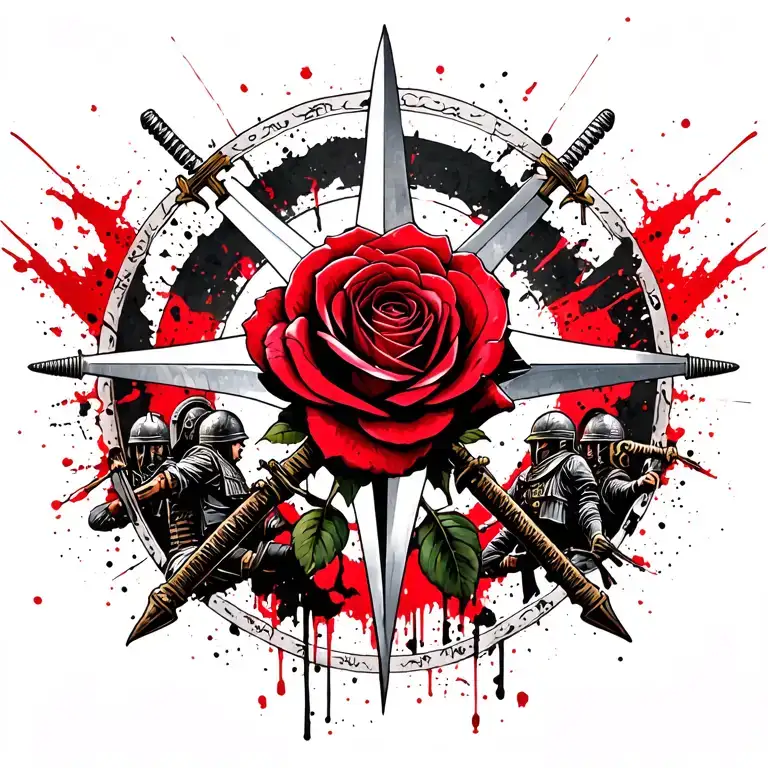 compas rose surrounded by canons and swords with Spartans on each side tattoo design idea