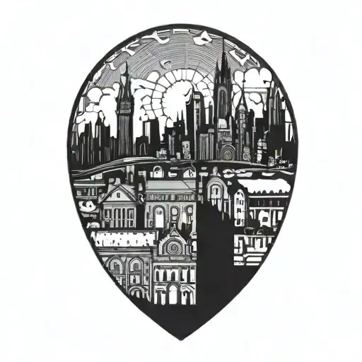 An intricate design of a city skyline with hidden Christian symbols throughout tattoo design idea