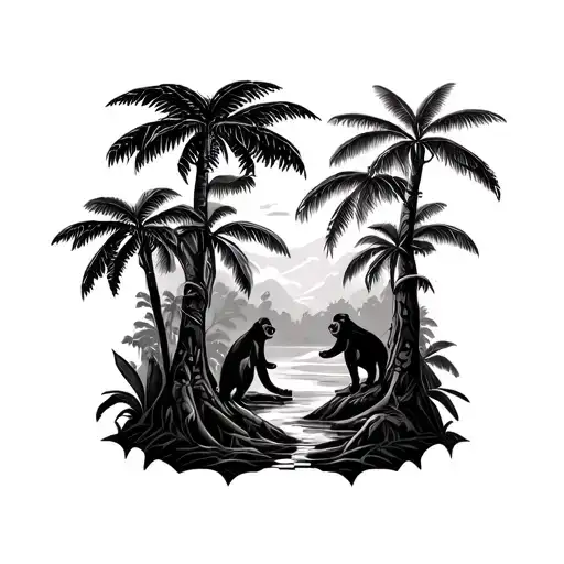 jungle forest with trees and monkeys  tattoo design idea