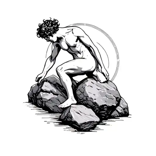 libra zodiac sign fine line sisyphus pushing a rock tattoo design idea