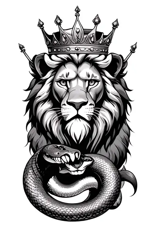 Lion wearing a crown killing a snake holding it in his paw tattoo design idea