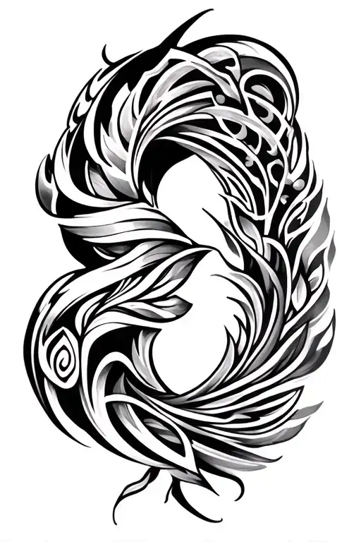 back-and-white full sleeve tattoo with fine shading and realism. fo The design starts with bold tribal patterns wrapping tattoo design idea